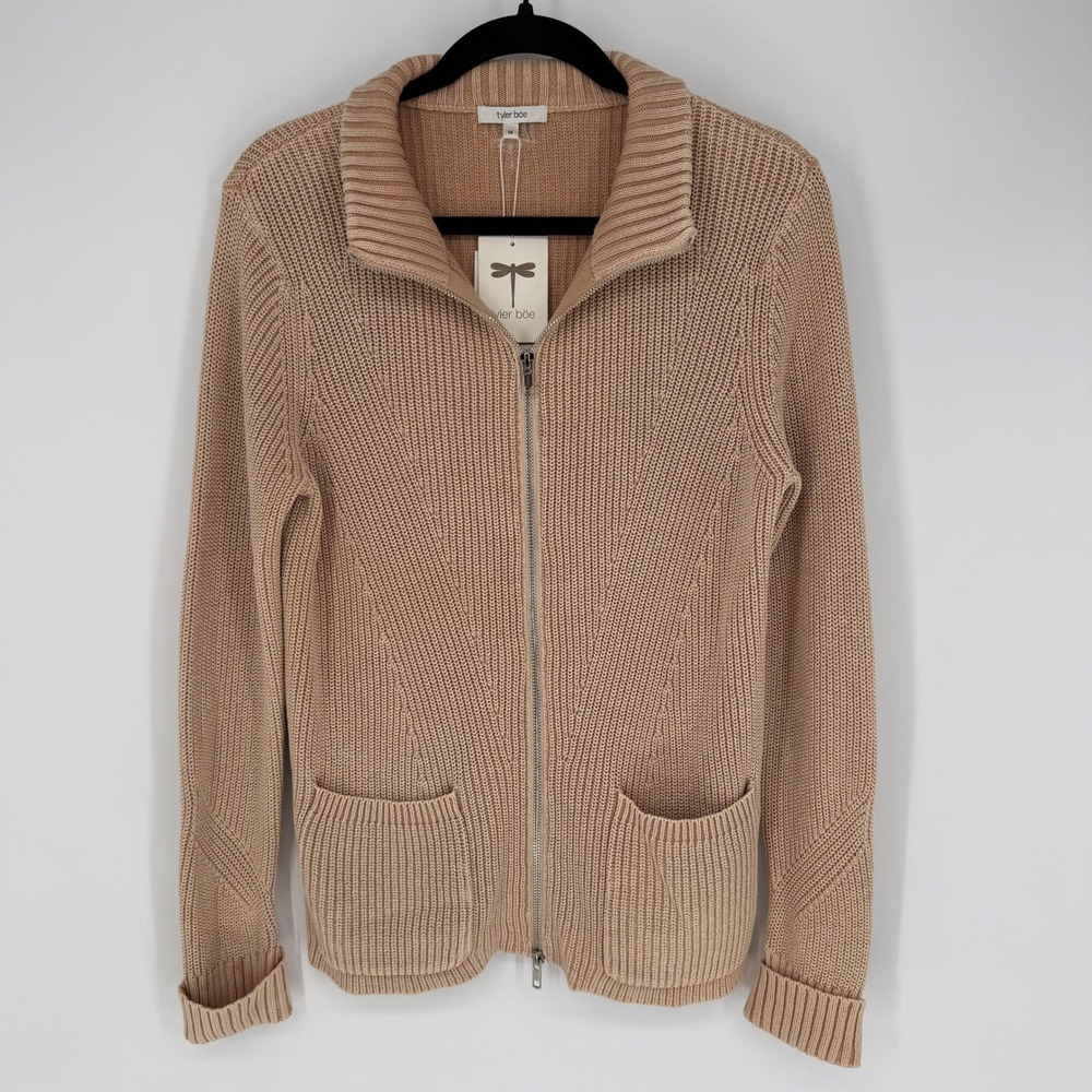 TYLER BOE RIBBED FULL ZIP CARDIGAN LOOSE KNIT TAN BISCUIT MEDIUM NWT